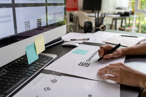 Preview: Graphic designer drawing sketches logo design.