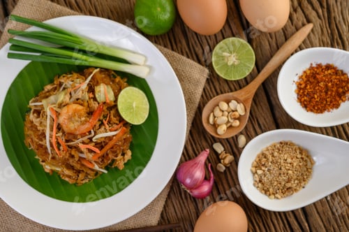 Preview: Padthai shrimp in a black bowl with eggs, Spring onion, and Seasoning on wooden table.
