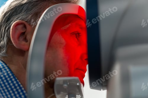 Preview: in ophthalmology clinic elderly patient is diagnosed with a vision test using a red light machine