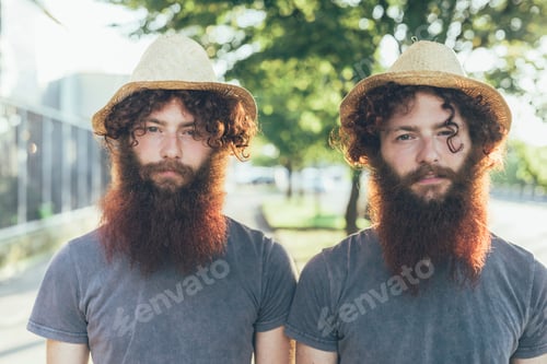 Preview: Twins with striking beards wearing straw hats posing for a sunny portrait.