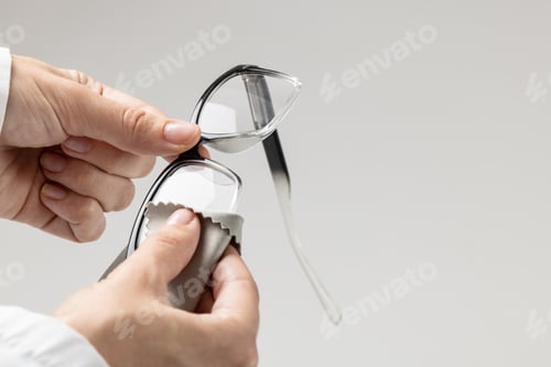 Preview: Midsection of caucasian doctor holding and cleaning glasses on grey background