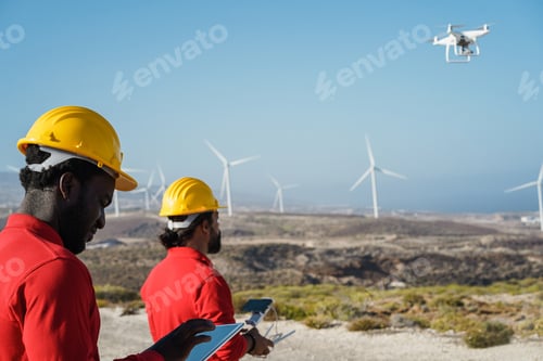 Preview: Multiracial engineer men working on windmill farm with digital tablet and drone