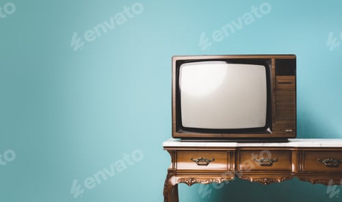 Vista previa: Antiguo televisor retro sobre una mesa sobre un fondo aislado.