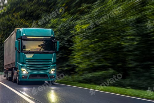Preview: Emerald green truck on forest highway. Modern power of transport.