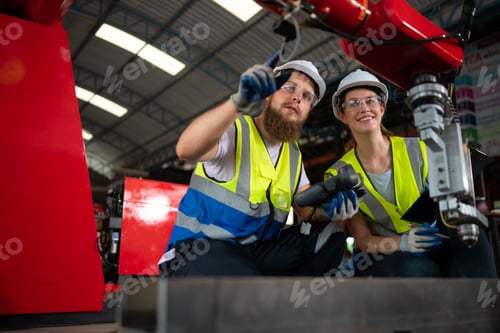 Preview: Both of engineers installing and testing a large robotic arm. before sending it to customers