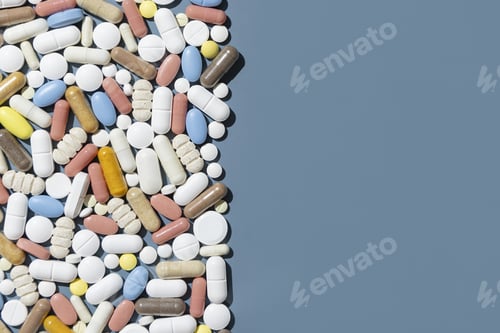 Preview: Pile of mixed white, yellow and blue medical capsules and pills on blue top view, border