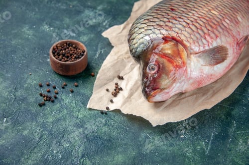 Preview: front view fresh raw fish with pepper on dark-blue background meat water ocean color horizontal