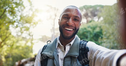 Preview: Hiking, black man and happy in portrait for selfie, adventure memory and tourist for outdoor fitnes