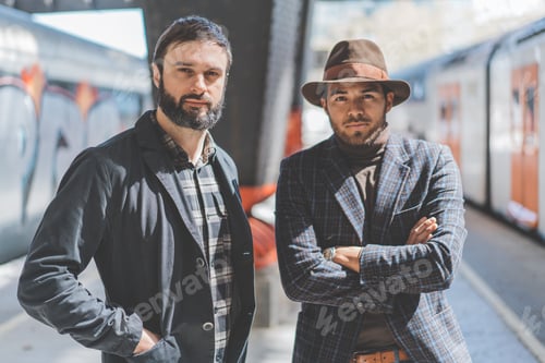 Preview: Portrait of two multi-ethnic bearded friends together wearing casual clothes and waiting the train