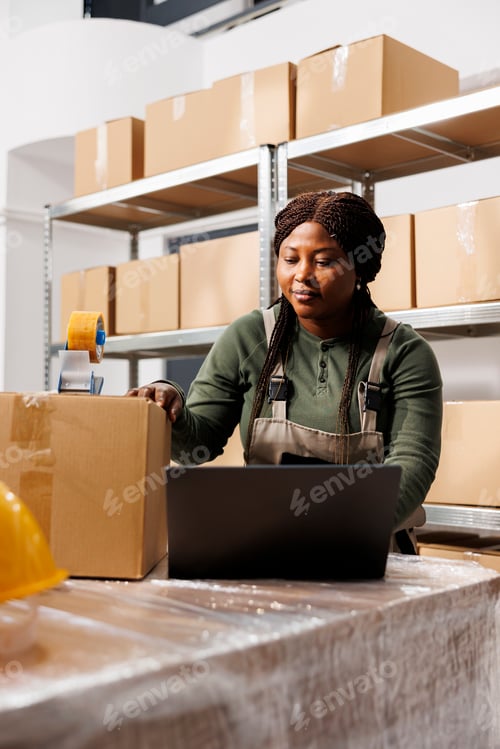 Preview: Storehouse worker using carton boxes to pack clients orders