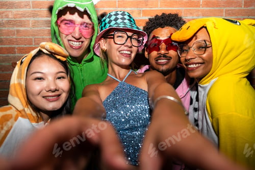 Preview: Multiethnic group of young friends having fun on the stretts in the night