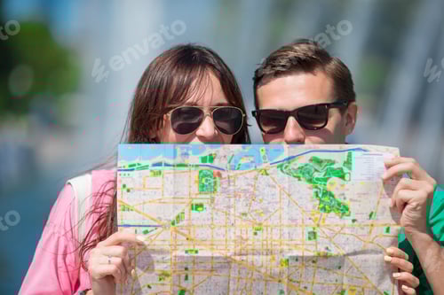 Preview: Young tourist friends traveling on holidays in Europe smiling happy. Closeup caucasian family with