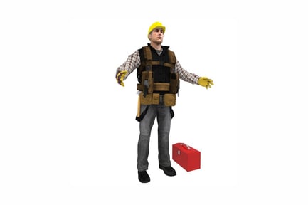 Construction worker with toolbox and extended arms