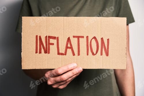 Preview: World inflation concept. Woman hold sheet with word inflation