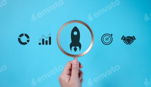Preview: Businessman holding magnifying glass with business icon