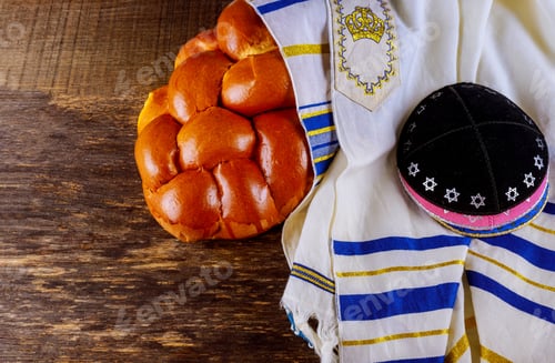 Preview: Shabbat Jewish holiday with challah bread on a wooden table
