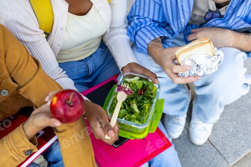 Preview: Students enjoying healthy lunch break outside campus