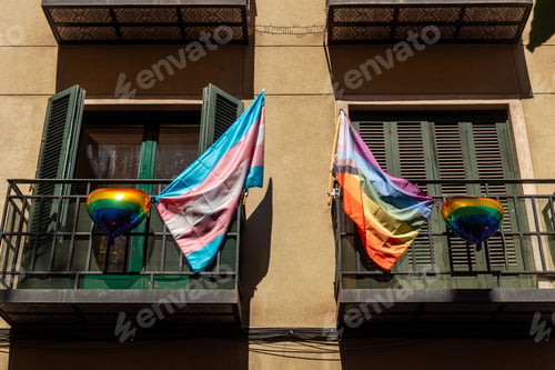 Preview: Balconies of the Chueca neighborhood of Madrid adorned with colors of the lgtb rainbow flag