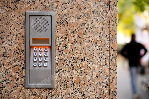 Preview: Home security system on stone wall outdoors, closeup. Space for text