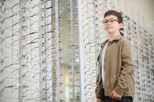 Preview: Boy choosing eyeglasses in optical store: smiling child wearing spectacles in ophthalmology clinic