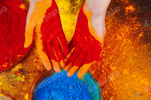 Preview: Hands holding Holi powder paint, view from above