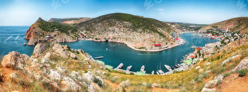 Preview: Panoramic view of Balaklava bay with yachts and ruines of Genoese fortress Chembalo in Sevastopol