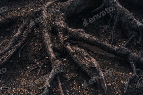 Preview: Creepy tree roots sticking out of the ground covered in mud