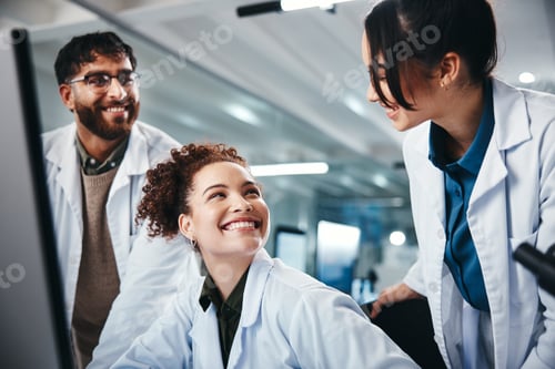 Preview: Science, employees and computer with teamwork, research and online reading with medical cure. Talki