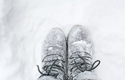 Preview: The boots on the laces are covered with snow. Winter, snowfall, cold