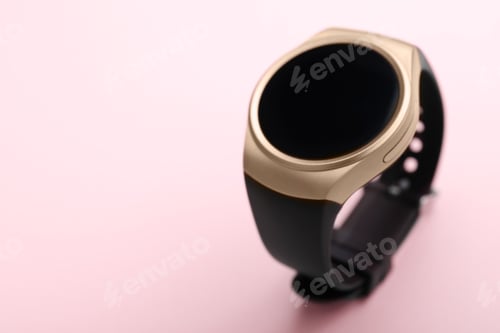 Preview: Trendy smart watch on pink background, space for text