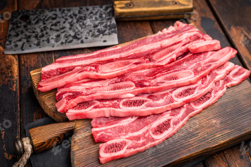 Preview: Raw Flanken cut beef short ribs and a rustic cleaver on a dark wooden background