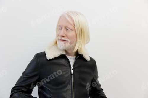 Preview: Portrait of a man with light blonde hair and beard in a black leather jacket against a minimalist