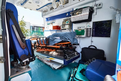 Preview: Ambulance interior with gurney, defibrillator and other medical equipment and supplies carried