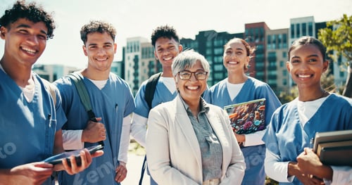 Preview: Medical student, portrait and professor with people in outdoor for college, healthcare and teacher.