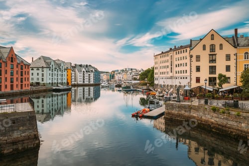 Preview: Alesund, Norway. Old Wooden Houses In Cloudy Summer Day. Art Nouveau Architecture Is Historic