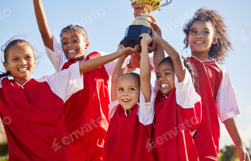 Preview: Soccer, team and trophy with kids in celebration together as a girl winner group for a sports compe