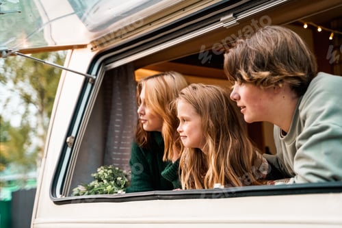 Preview: Children,family,brother sister traveling in camper,house on wheels. Trailer motor home.Looking in