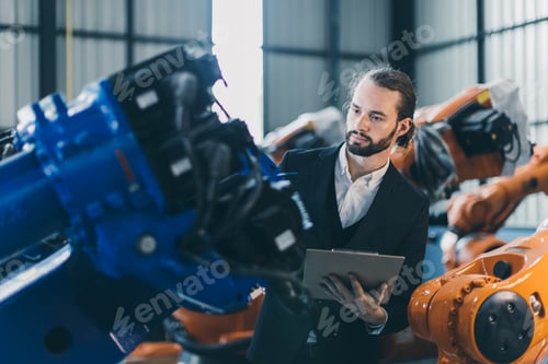 Preview: Businessman manager in suit working in machinery factory robot assembly plant