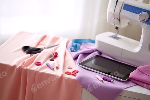 Preview: sewing machine, tablet pc, scissors and ruler