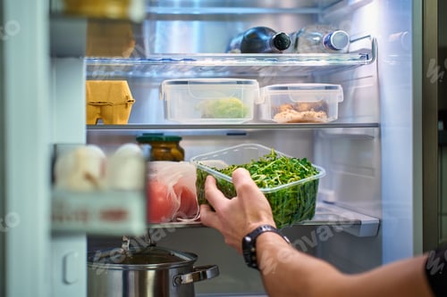 Preview: Hand taking fresh greens from refrigerator for healthy meal