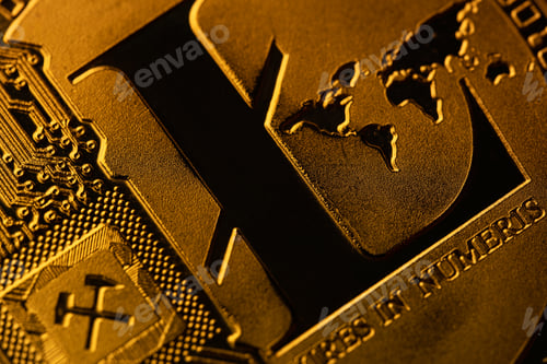 Preview: top view extreme macro closeup of crypto Litecoin golden coin logo