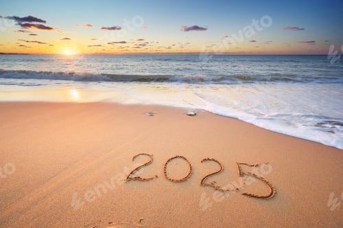 Preview: 2025 text symbol of new year written on the seashore