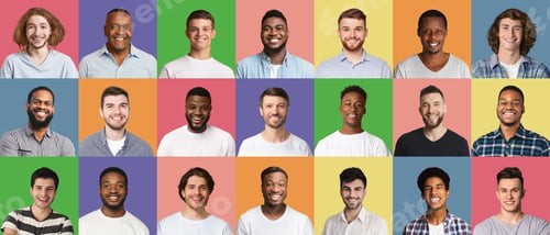 Preview: Collage of multiethnic people expressing emotions, mosaic set, panorama