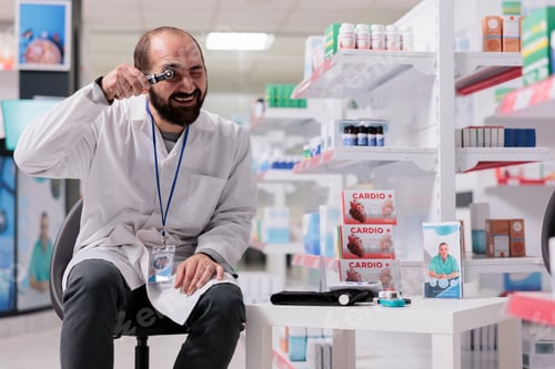 Preview: Pharmacist standing on chair in empty pharmacy holding medical otoscope looking at camera