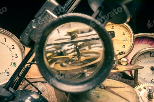 Preview: Old watchmakers workshop with broken clocks and parts