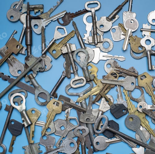 Preview: Keys set on blue background. Door lock keys and safes for property security and house protection