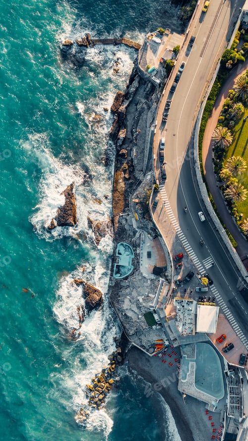 Preview: Aerial view over coast of Liguria, beach in Quarto dei Mille by Genova, Italy.