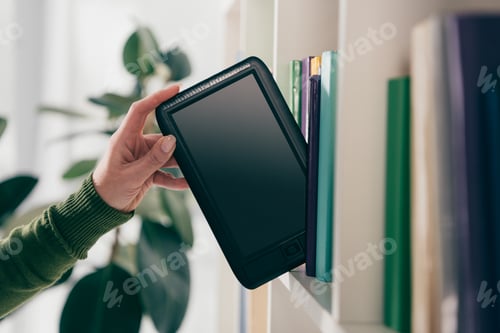 Preview: cropped view of woman taking e-reader from bookshelf at home
