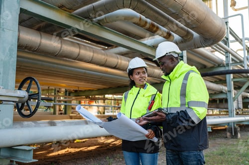 Preview: Young mechanical engineer holding blueprint drawing to checking and inspection.