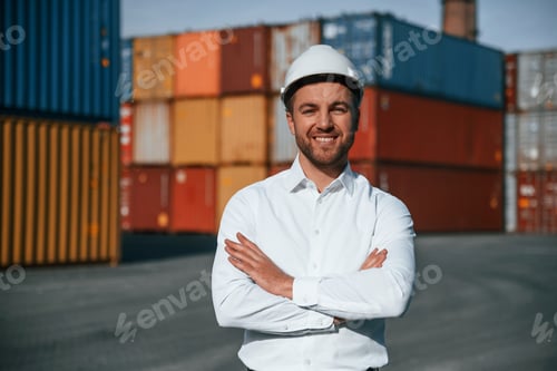 Preview: Standing with arms crossed. Male worker is on the location with containers